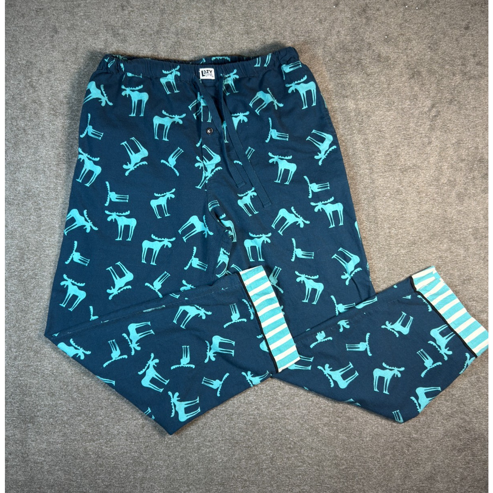 Lazy One Unisex Funky Moose PJ Set Large Navy Teal 100% Cotton Pajamas Cabincore - Picture 2 of 8